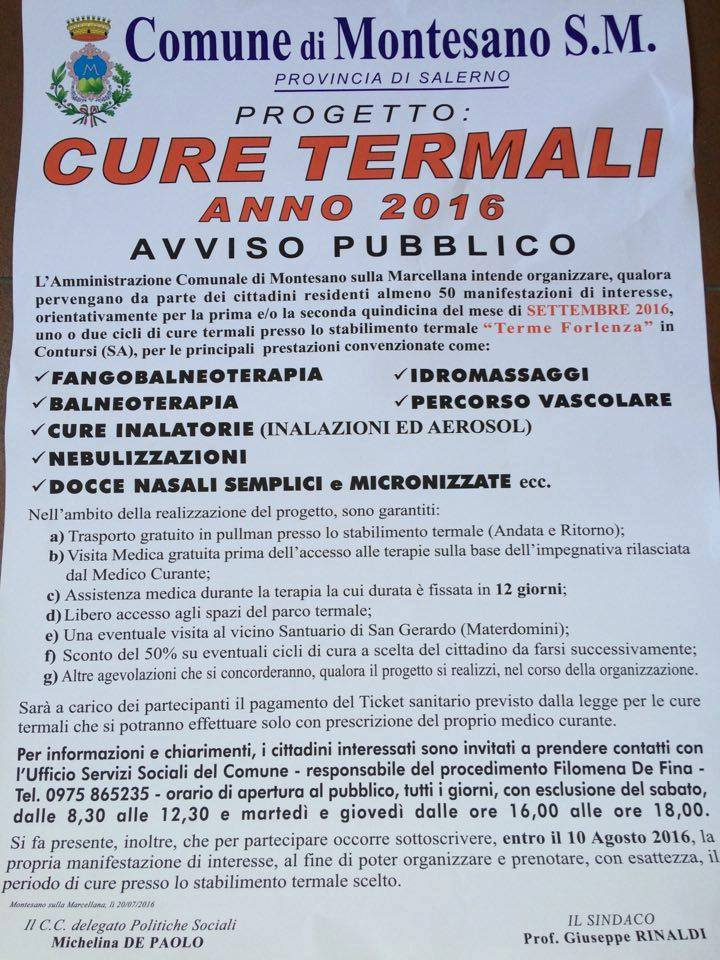 Montesano sulla Marcellana: cure termali a Contursi per i cittadini. Adesioni entro il 10 agosto