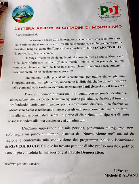 Montesano: il consigliere D’Alvano risponde alla maggioranza con un manifesto