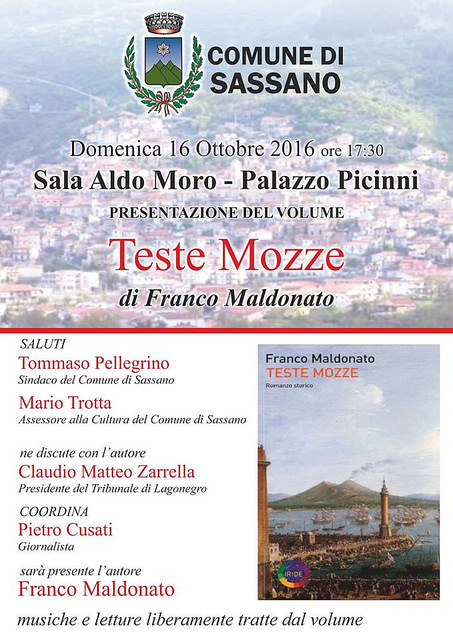 Sassano: il 16 ottobre presentazione del libro “Teste Mozze” di Franco Maldonato