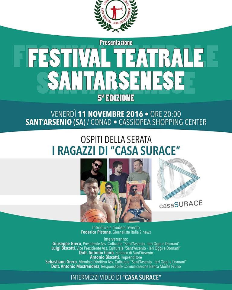 Sant’Arsenio: l’11 novembre presentazione del Festival Teatrale con Casa Surace