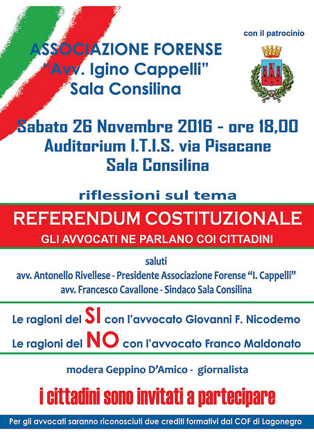 Sala Consilina: il 26 novembre gli avvocati discutono del referendum con i cittadini